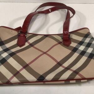 Burberry Nova Check Stylish Plaid Women's Tote with Red Patent Leather Trim